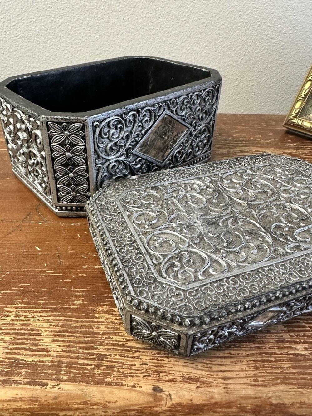 Vintage Silver Wood and Glass Jewelry Box 8 Mirror Pieces Heavy